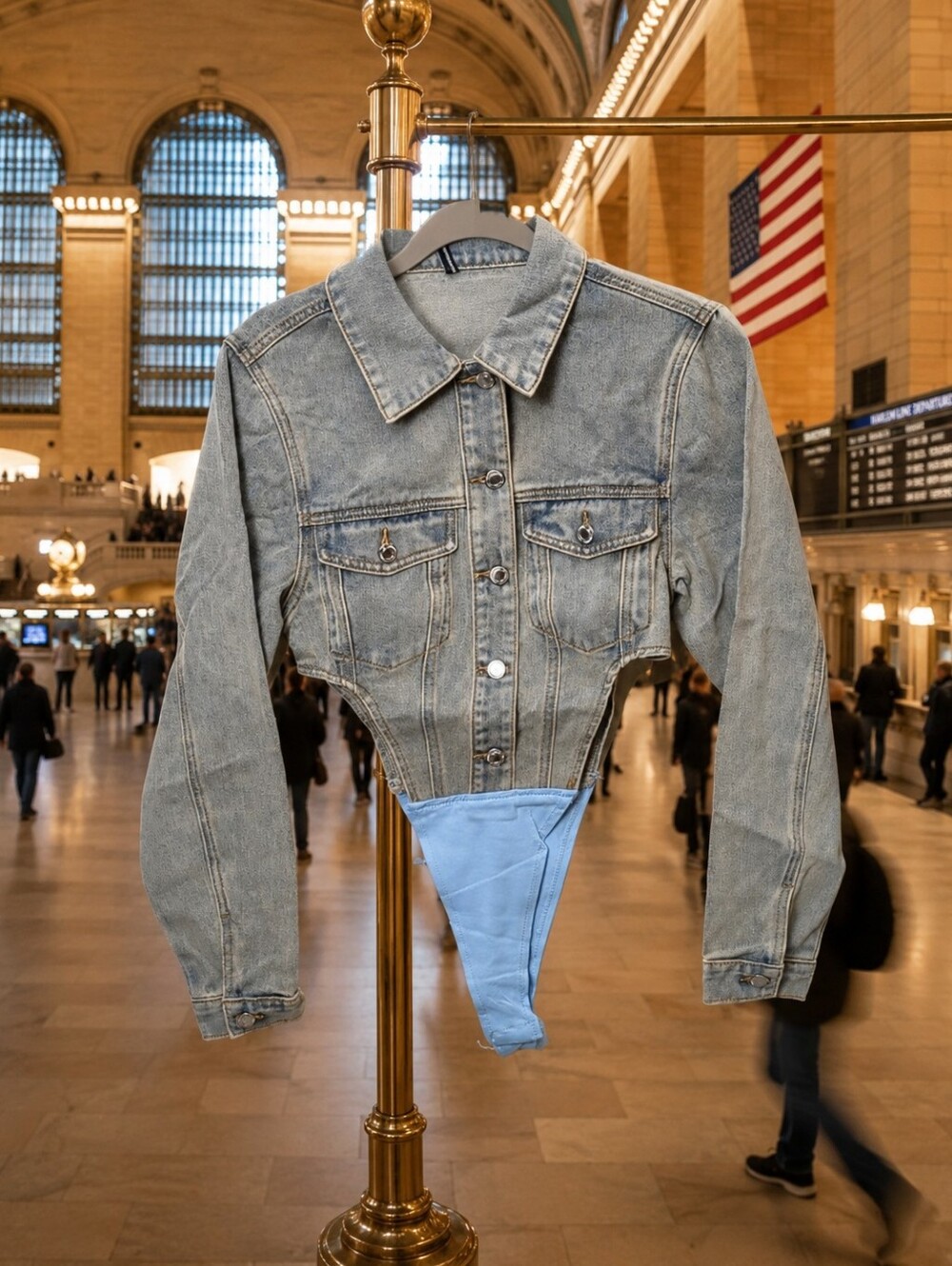 Light Blue Wash Pocket Front Denim Jacket High Side Bodysuit-  US 6